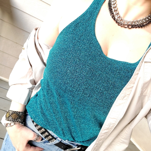 EXPRESS Glitzy Shimmery Metallic Turquoise Festive Semi-sheer Racerback Tank Top - Picture 3 of 16
